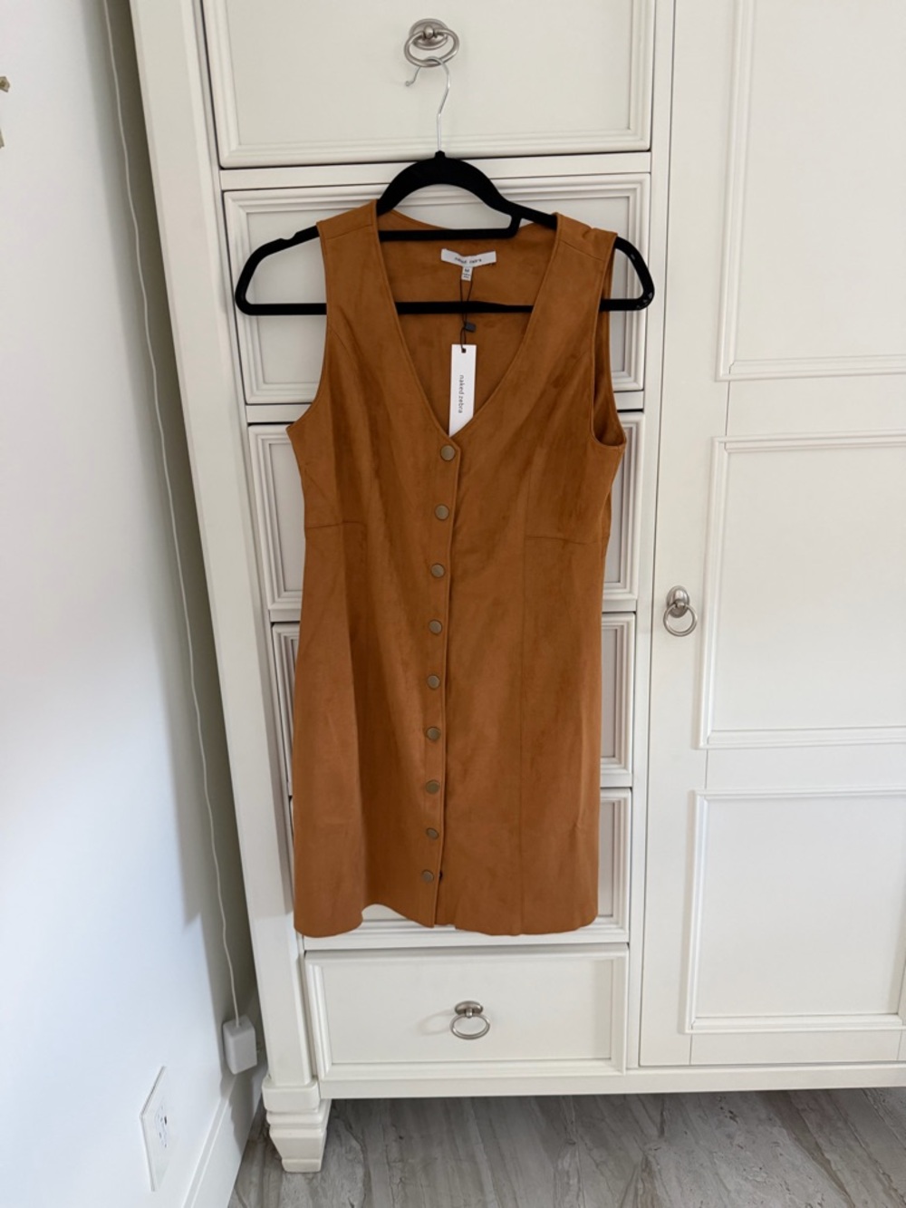 Naked Zebra Button-Front Faux Suede Mini Dress in Camel